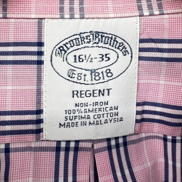 Brooks Brothers Regent Dress Shirt Mens 16.5 35 Pink Blue Plaid Non-Iron Cotton - Picture 4 of 9